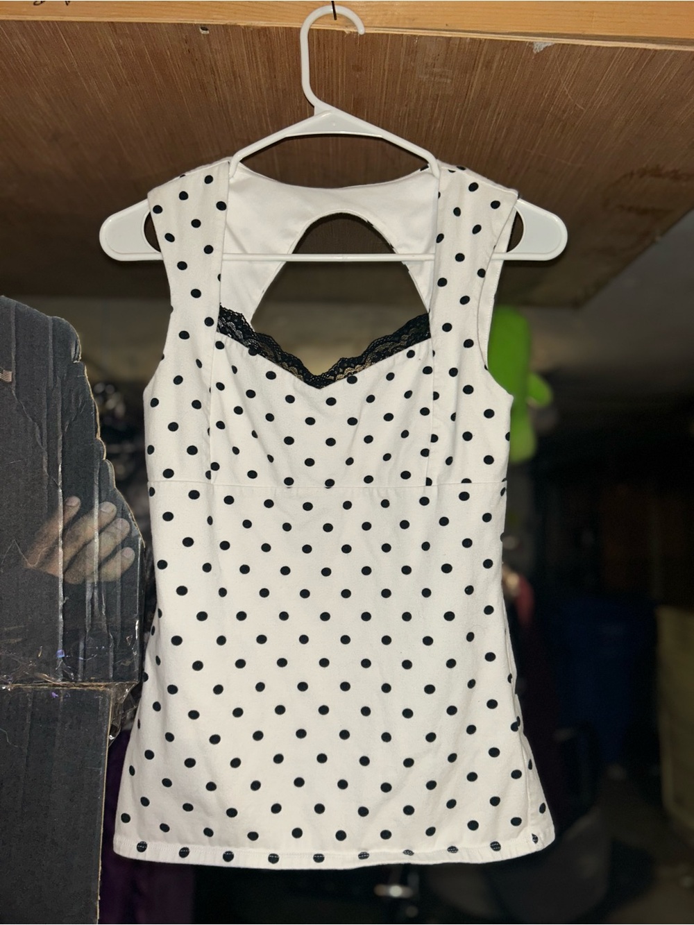 Express White Tank Top with Black Polka Dots and Back Cutout